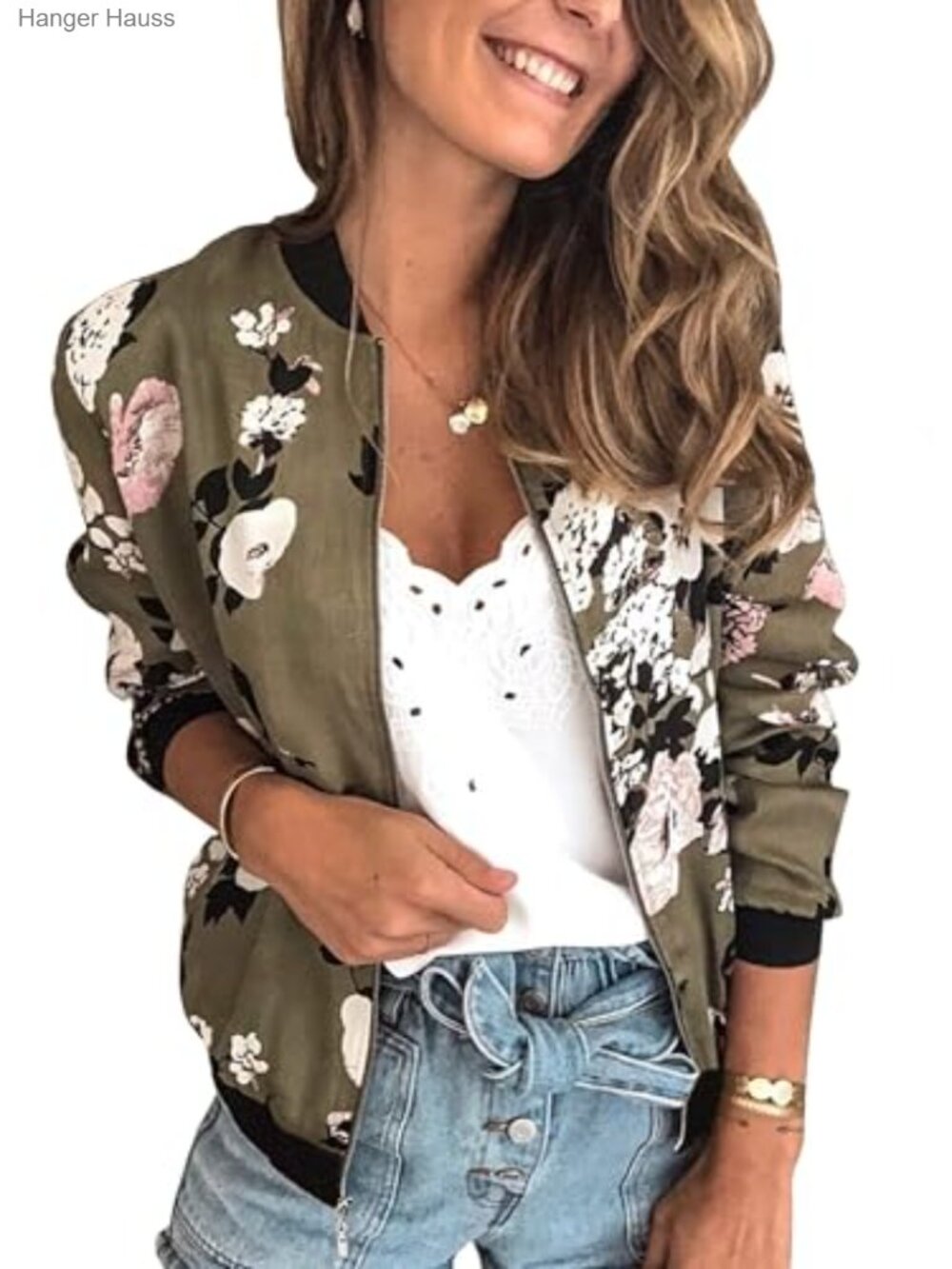 Floral Zip Up Bomber Jacket Lightweight Short Quilted Women Casual Outwear